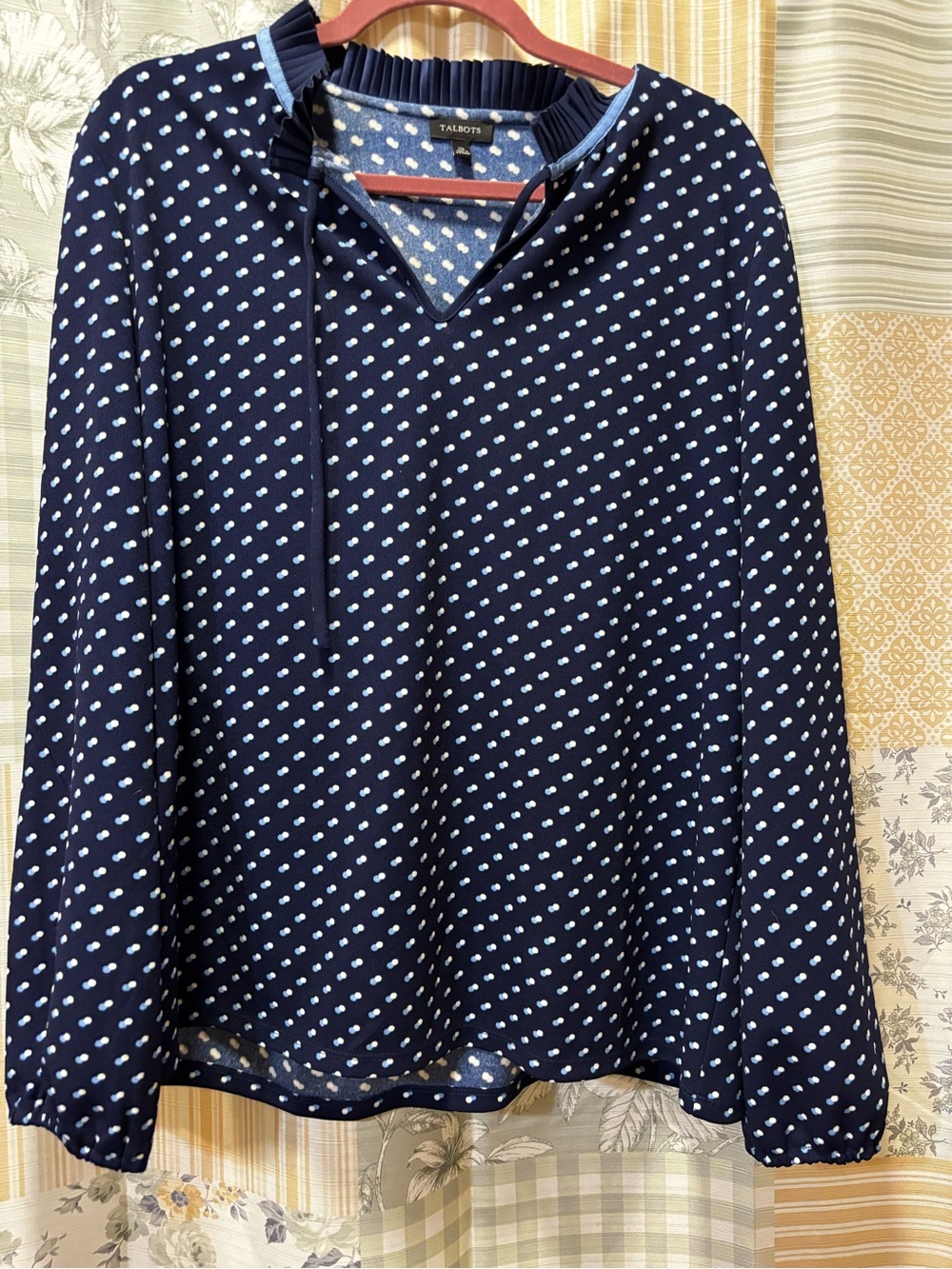 Talbots Navy and Light Blue Polka Dot V-Neck Blouse